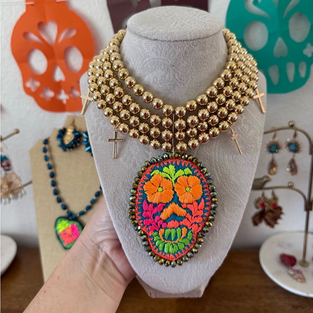 Handcrafted Gold Bead Choker with Vibrant Embroidered Sugar Skull Pendant